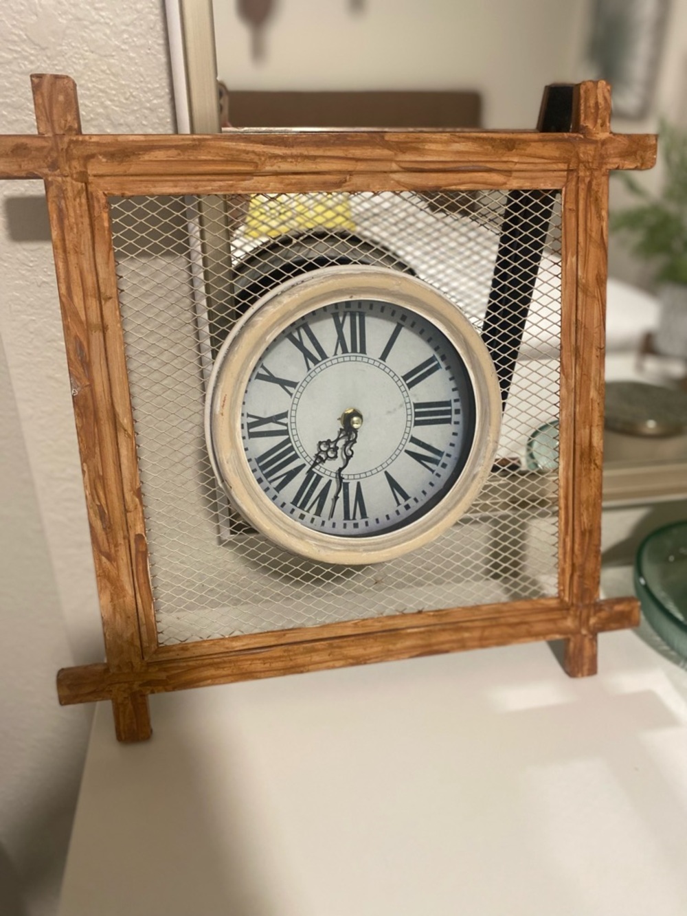 Wood-Frame Mesh Accent Wall Clock in Brown and Cream